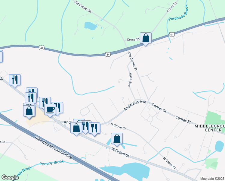 map of restaurants, bars, coffee shops, grocery stores, and more near 98 Adams Circle in Middleborough