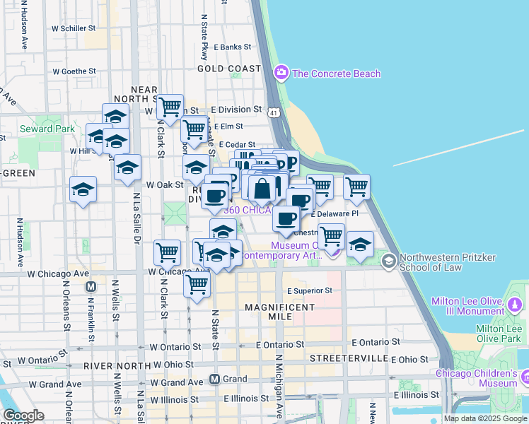 map of restaurants, bars, coffee shops, grocery stores, and more near 120 East Delaware Place in Chicago