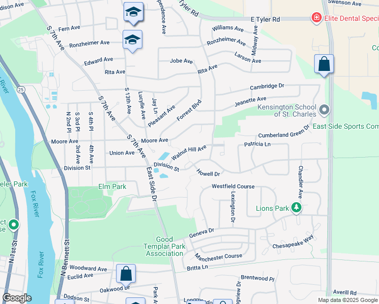 map of restaurants, bars, coffee shops, grocery stores, and more near 1439 Walnut Hill Avenue in St. Charles