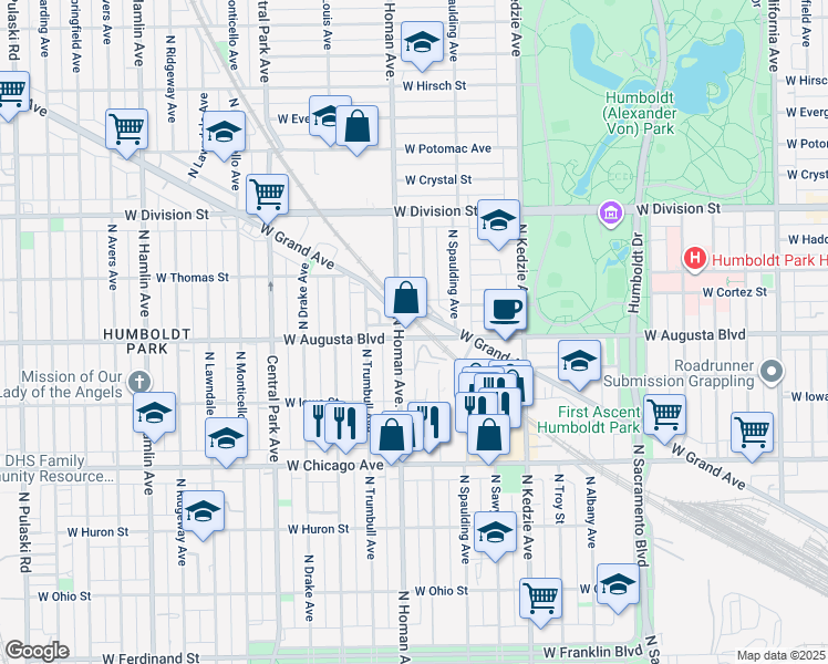 map of restaurants, bars, coffee shops, grocery stores, and more near 3342 West Augusta Boulevard in Chicago