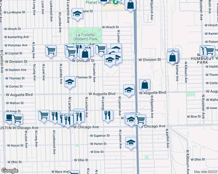map of restaurants, bars, coffee shops, grocery stores, and more near 4939 West Cortez Street in Chicago