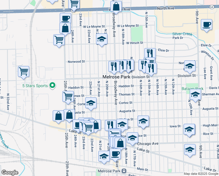 map of restaurants, bars, coffee shops, grocery stores, and more near 1319 North 20th Avenue in Melrose Park