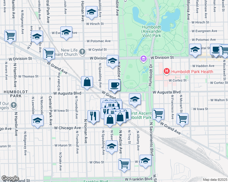 map of restaurants, bars, coffee shops, grocery stores, and more near 3216 West Augusta Boulevard in Chicago