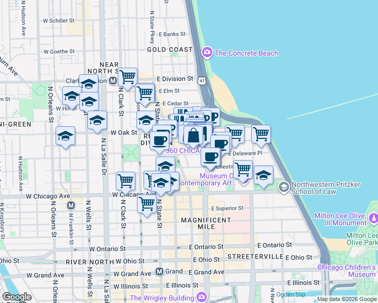 map of restaurants, bars, coffee shops, grocery stores, and more near 110 East Delaware Place in Chicago