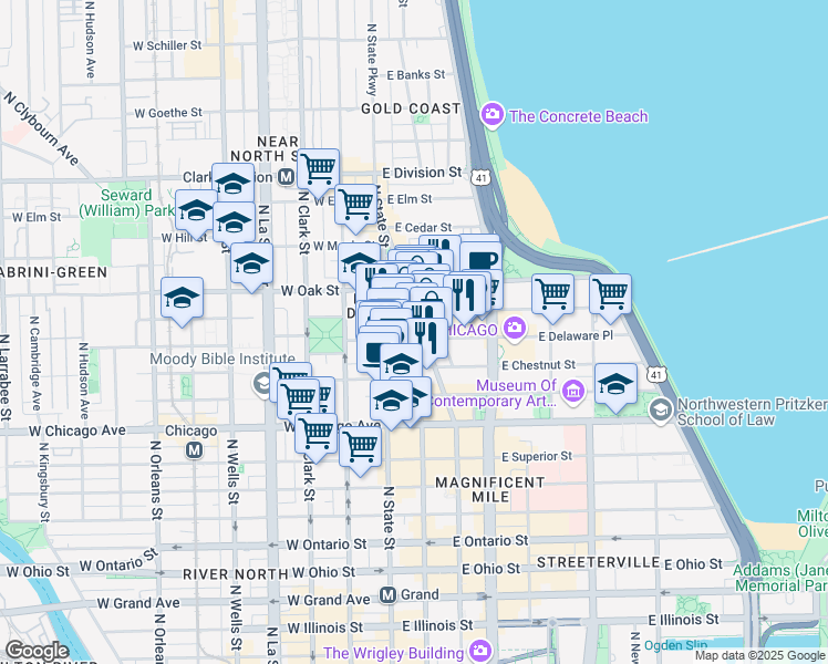 map of restaurants, bars, coffee shops, grocery stores, and more near 40 East Delaware Place in Chicago