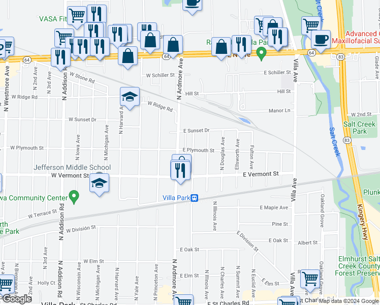 map of restaurants, bars, coffee shops, grocery stores, and more near 21 East Plymouth Street in Villa Park
