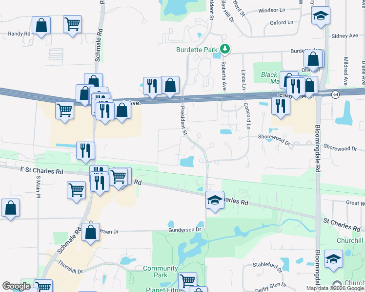 map of restaurants, bars, coffee shops, grocery stores, and more near 201 Flame Drive in Carol Stream