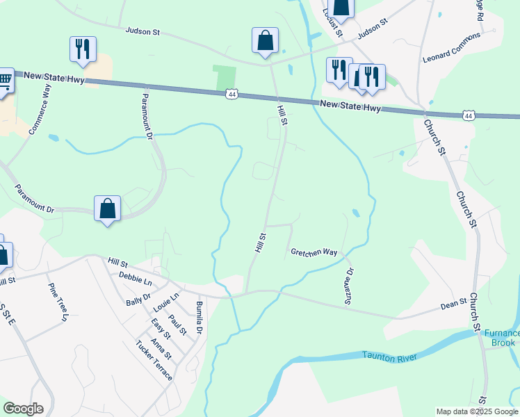 map of restaurants, bars, coffee shops, grocery stores, and more near 600 Hill Street in Raynham