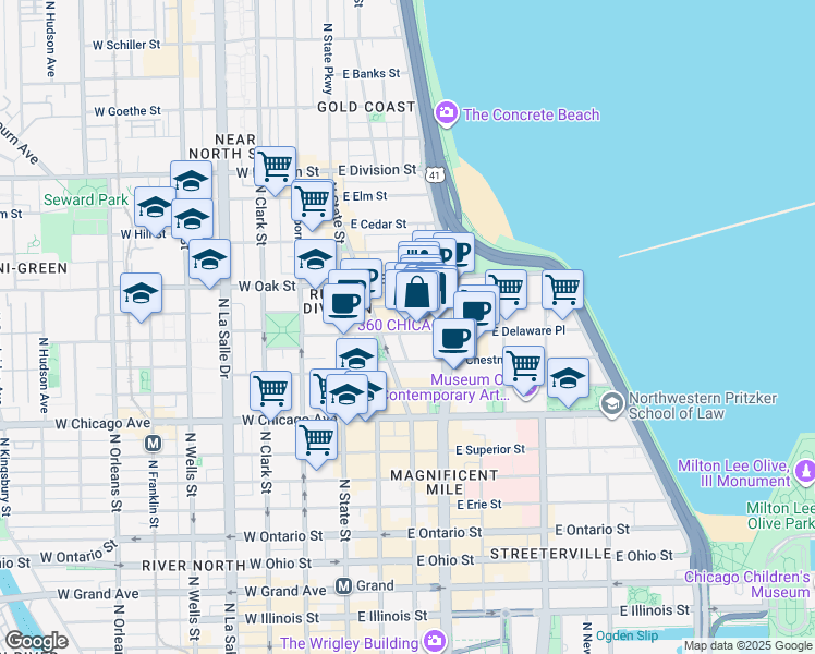 map of restaurants, bars, coffee shops, grocery stores, and more near 900 Michigan Avenue in Chicago
