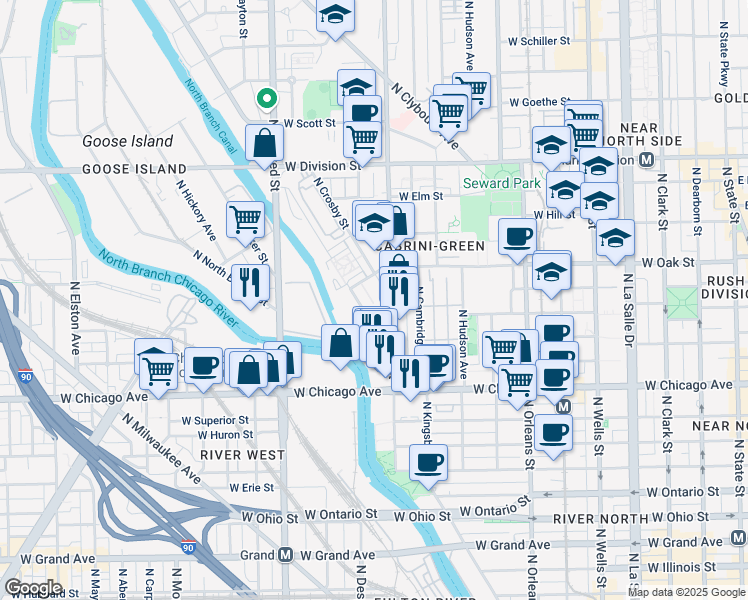 map of restaurants, bars, coffee shops, grocery stores, and more near 924 North Crosby Street in Chicago