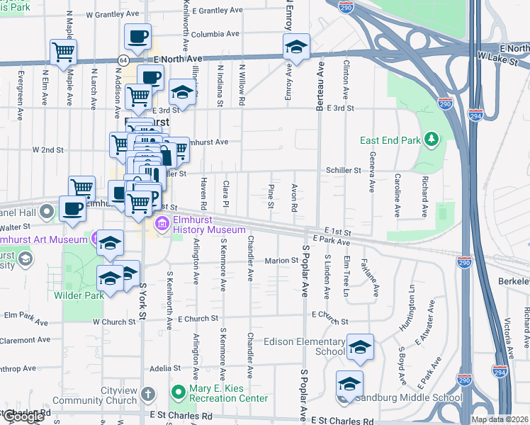map of restaurants, bars, coffee shops, grocery stores, and more near 107 North Willow Road in Elmhurst