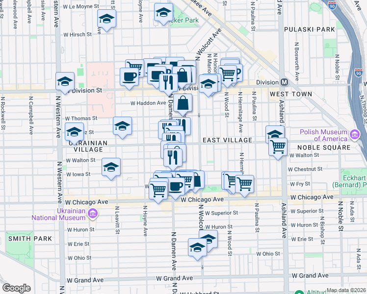 map of restaurants, bars, coffee shops, grocery stores, and more near 956 North Winchester Avenue in Chicago