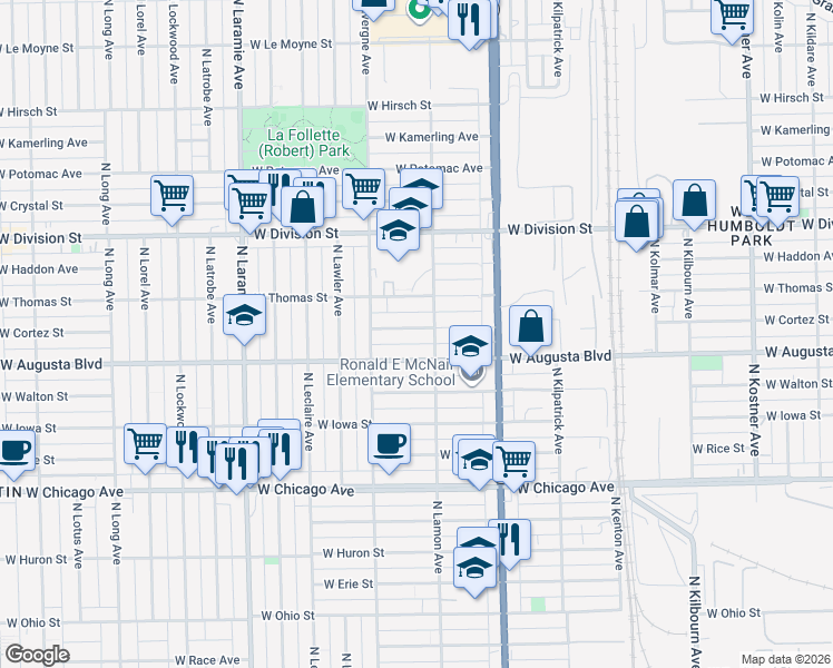 map of restaurants, bars, coffee shops, grocery stores, and more near 4917 West Cortez Street in Chicago