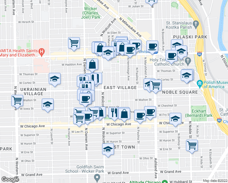 map of restaurants, bars, coffee shops, grocery stores, and more near 959 North Honore Street in Chicago