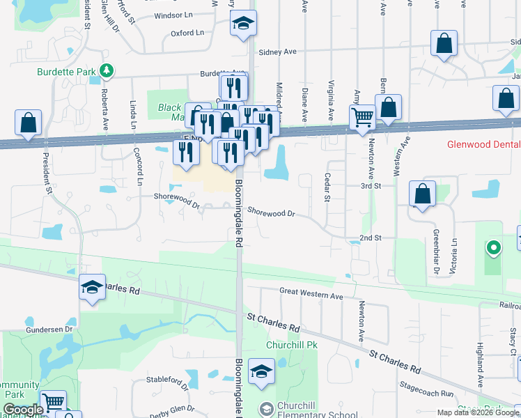 map of restaurants, bars, coffee shops, grocery stores, and more near 208 Shorewood Drive in Glendale Heights