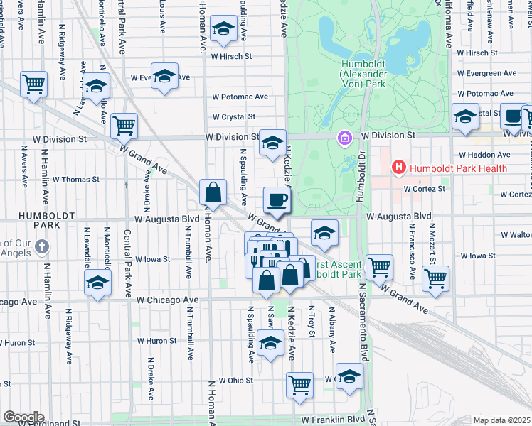map of restaurants, bars, coffee shops, grocery stores, and more near 3234 West Augusta Boulevard in Chicago