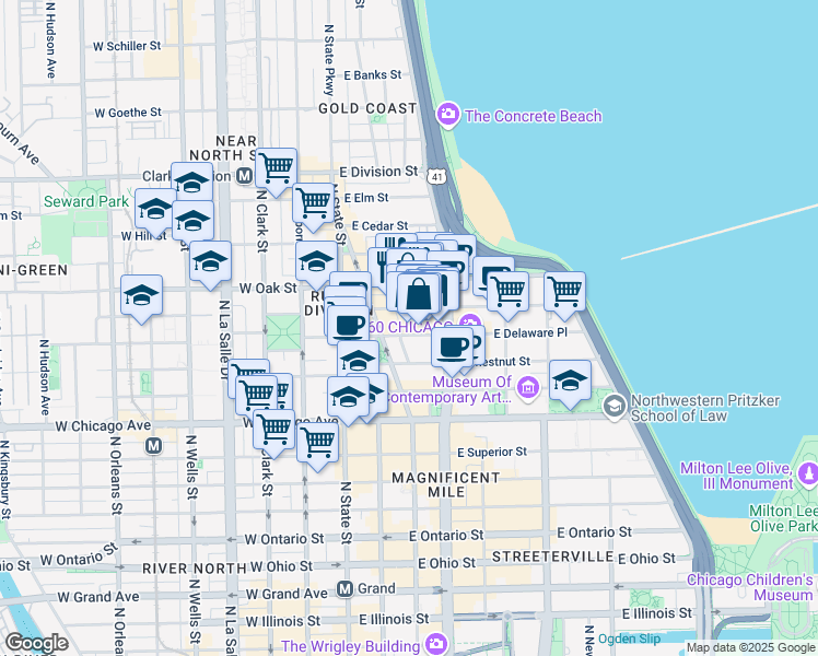 map of restaurants, bars, coffee shops, grocery stores, and more near 900 Michigan Avenue in Chicago