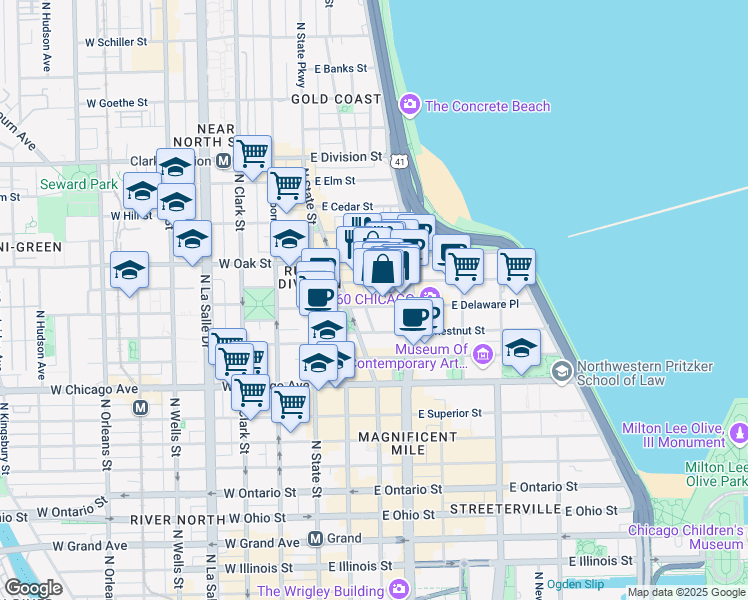 map of restaurants, bars, coffee shops, grocery stores, and more near 110 East Delaware Place in Chicago