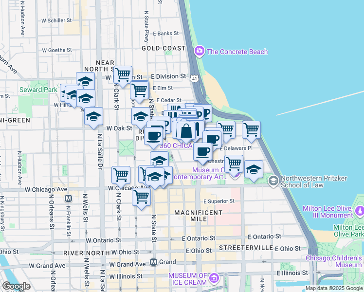 map of restaurants, bars, coffee shops, grocery stores, and more near 110 East Delaware Place in Chicago
