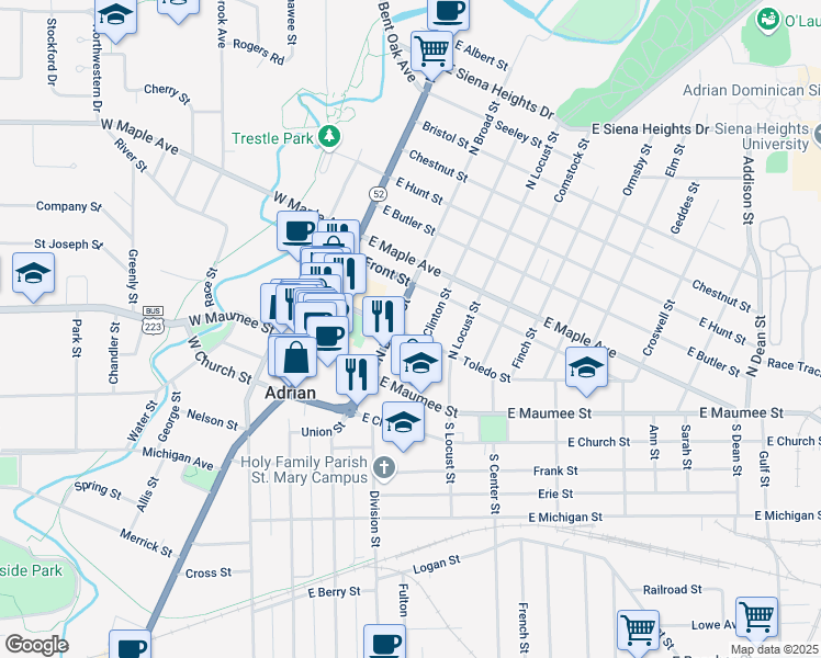 map of restaurants, bars, coffee shops, grocery stores, and more near 210 North Broad Street in Adrian