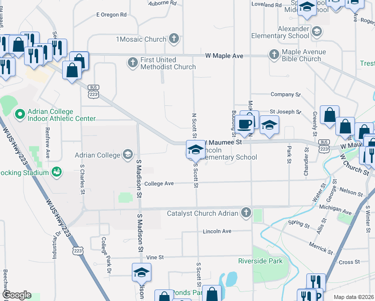 map of restaurants, bars, coffee shops, grocery stores, and more near 120 South Scott Street in Adrian