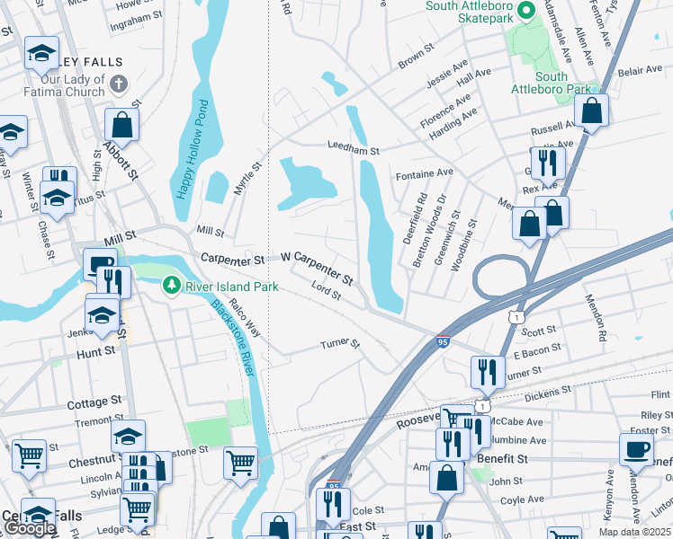 map of restaurants, bars, coffee shops, grocery stores, and more near 21 West Carpenter Street in Attleboro