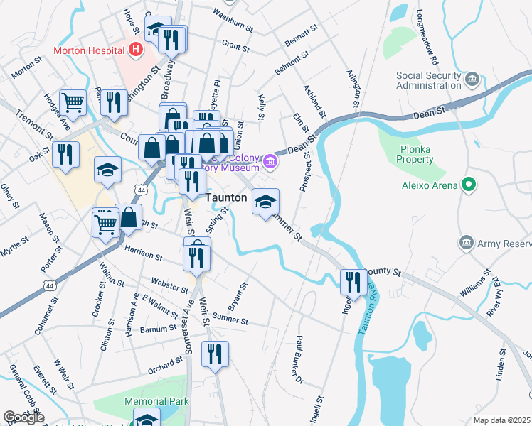 map of restaurants, bars, coffee shops, grocery stores, and more near 49 Summer Street in Taunton