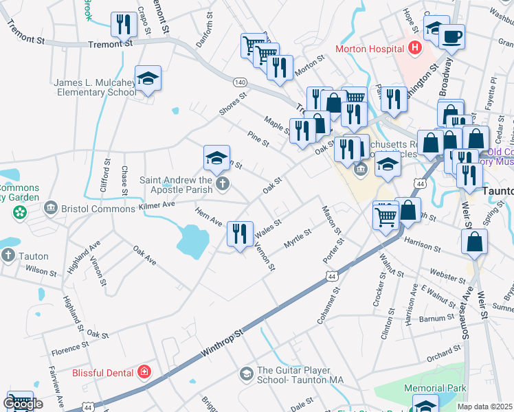 map of restaurants, bars, coffee shops, grocery stores, and more near 6 Reed Street in Taunton