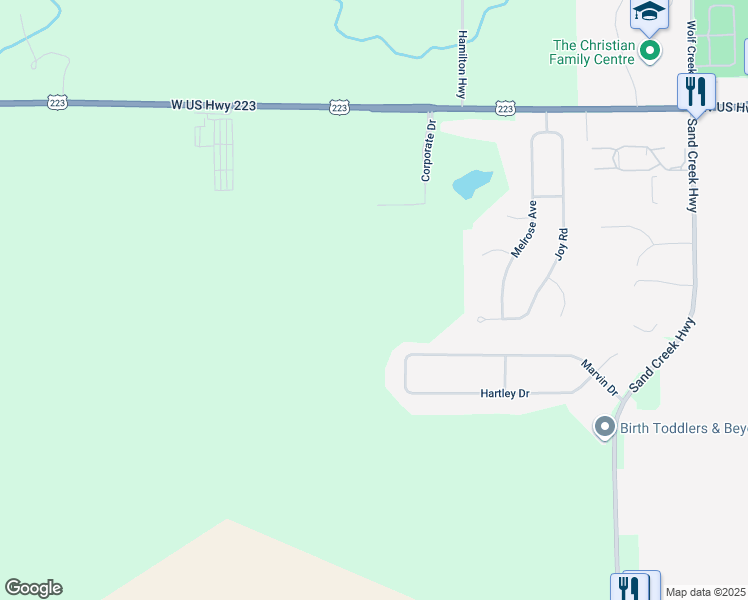map of restaurants, bars, coffee shops, grocery stores, and more near 3430 Marvin Drive in Adrian