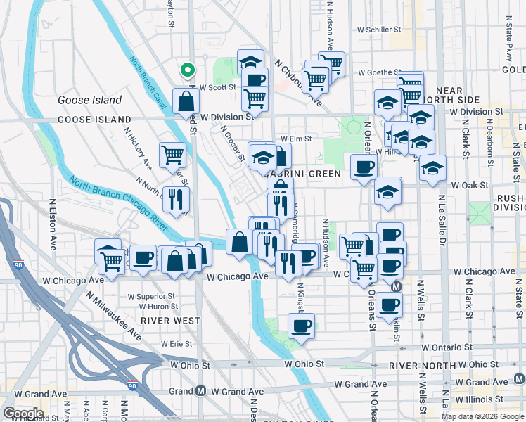 map of restaurants, bars, coffee shops, grocery stores, and more near 924 North Crosby Street in Chicago