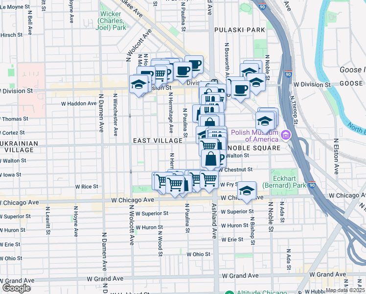 map of restaurants, bars, coffee shops, grocery stores, and more near 1719 West Augusta Boulevard in Chicago