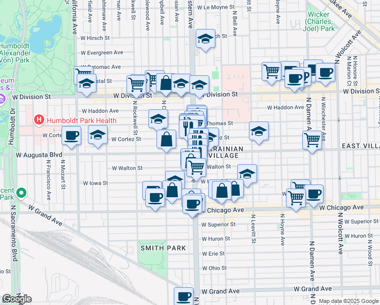map of restaurants, bars, coffee shops, grocery stores, and more near in Chicago