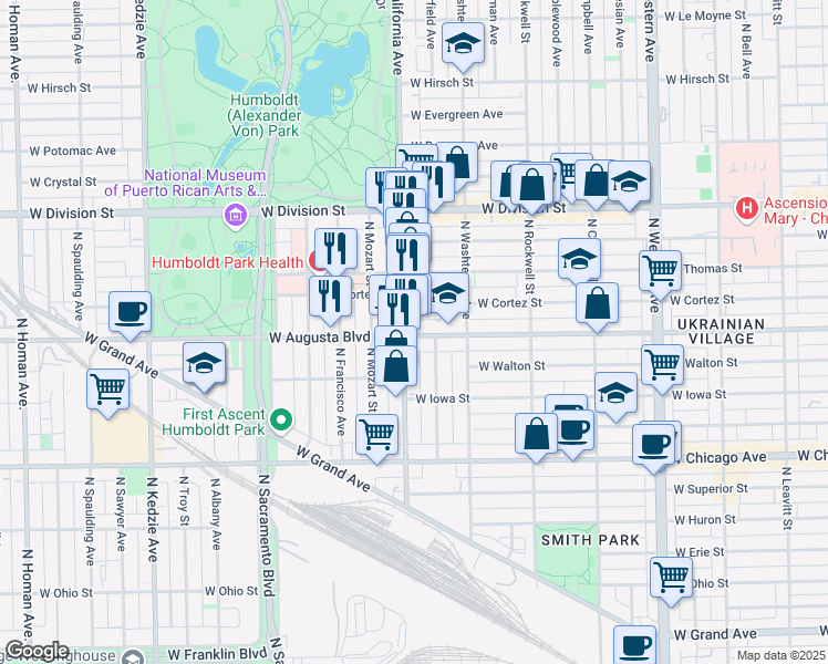 map of restaurants, bars, coffee shops, grocery stores, and more near 2740 West Augusta Boulevard in Chicago