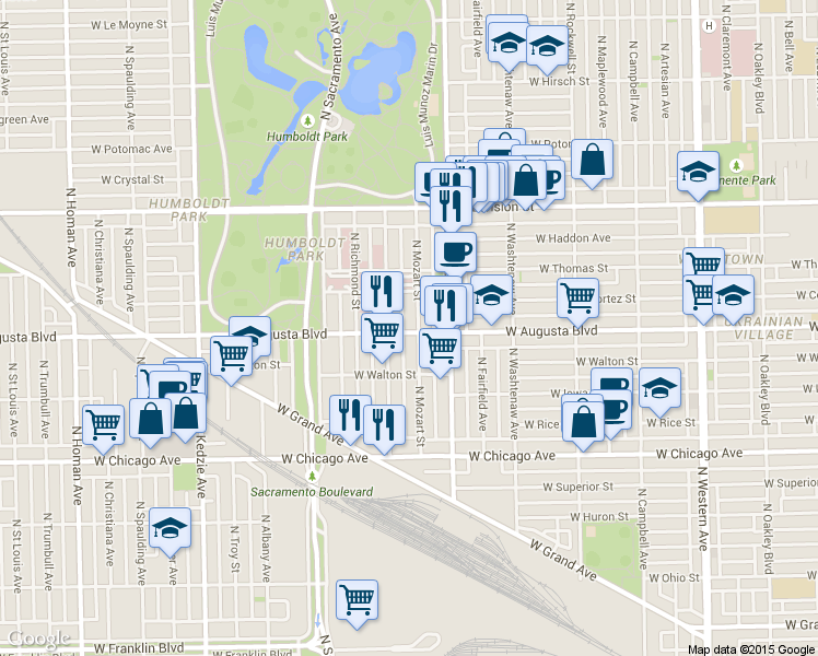 map of restaurants, bars, coffee shops, grocery stores, and more near 1003 North Francisco Avenue in Chicago
