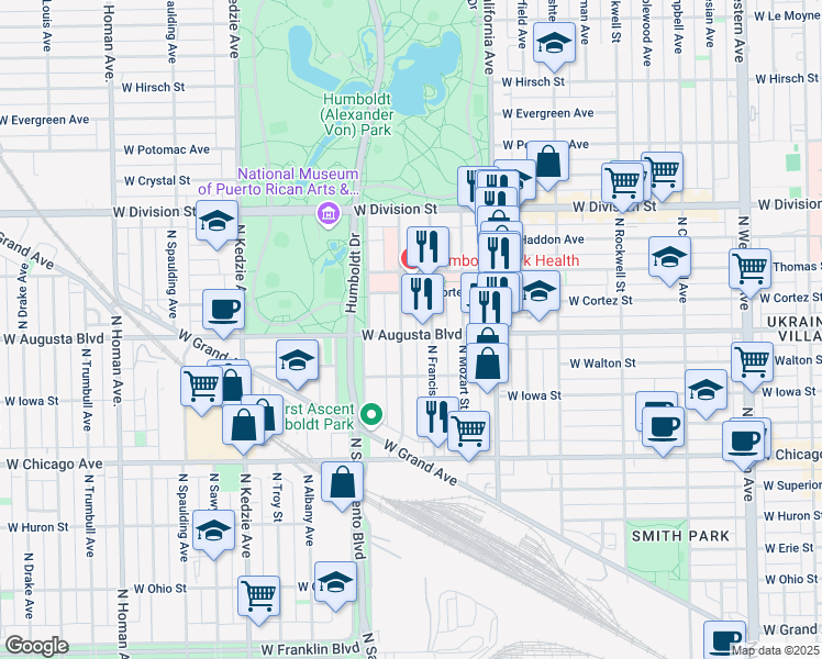 map of restaurants, bars, coffee shops, grocery stores, and more near 1003 North Richmond Street in Chicago