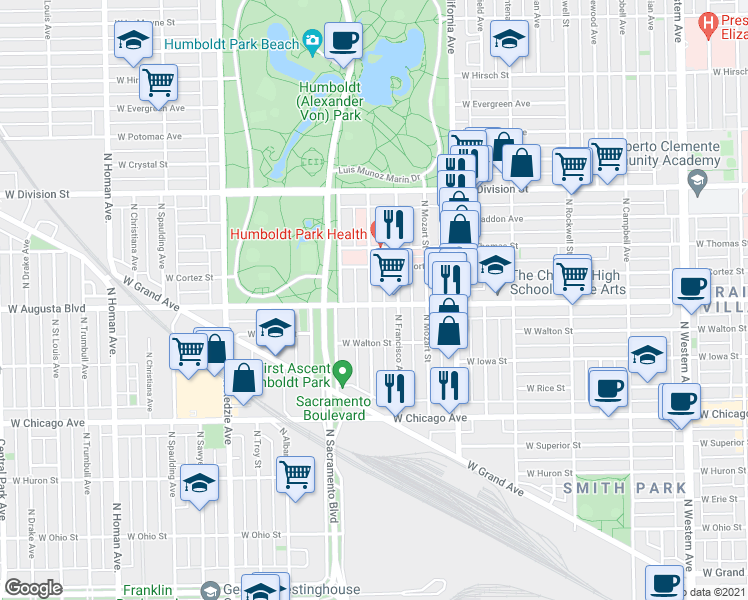 map of restaurants, bars, coffee shops, grocery stores, and more near 1003 North Richmond Street in Chicago