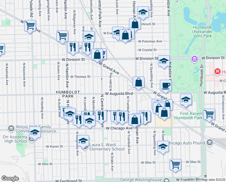 map of restaurants, bars, coffee shops, grocery stores, and more near 1008 North Drake Avenue in Chicago