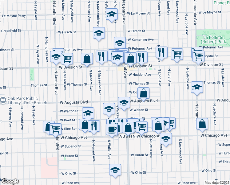 map of restaurants, bars, coffee shops, grocery stores, and more near 1031 North Parkside Avenue in Chicago