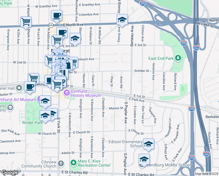 map of restaurants, bars, coffee shops, grocery stores, and more near 107 North Willow Road in Elmhurst