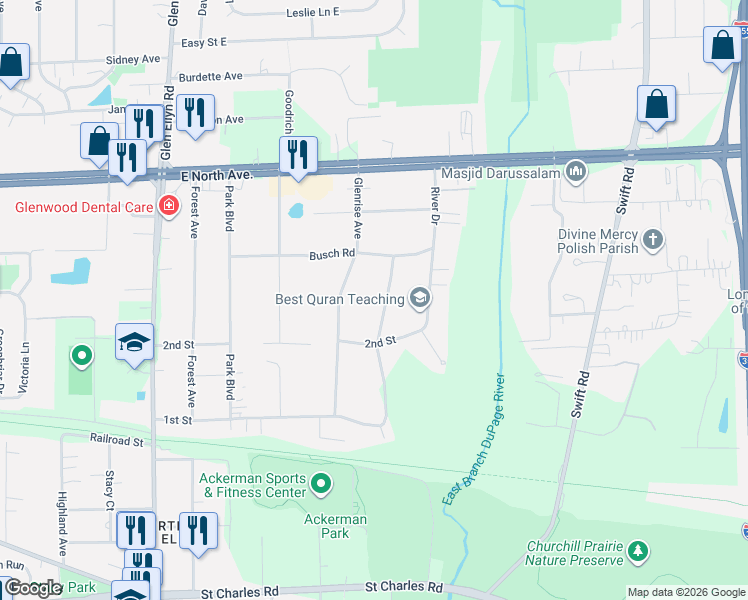 map of restaurants, bars, coffee shops, grocery stores, and more near 1N571 Glenrise Avenue in Glen Ellyn