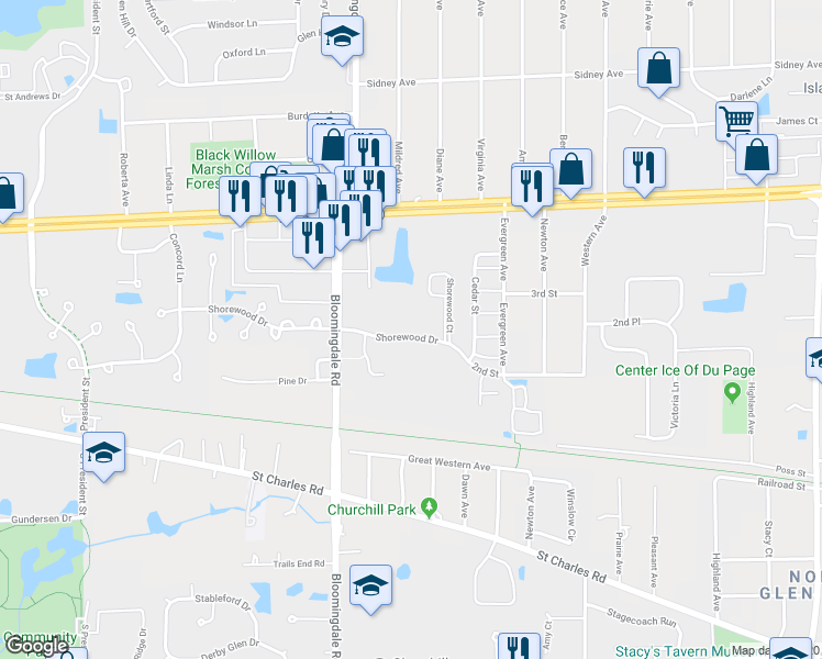 map of restaurants, bars, coffee shops, grocery stores, and more near 226 Shorewood Drive in Glendale Heights