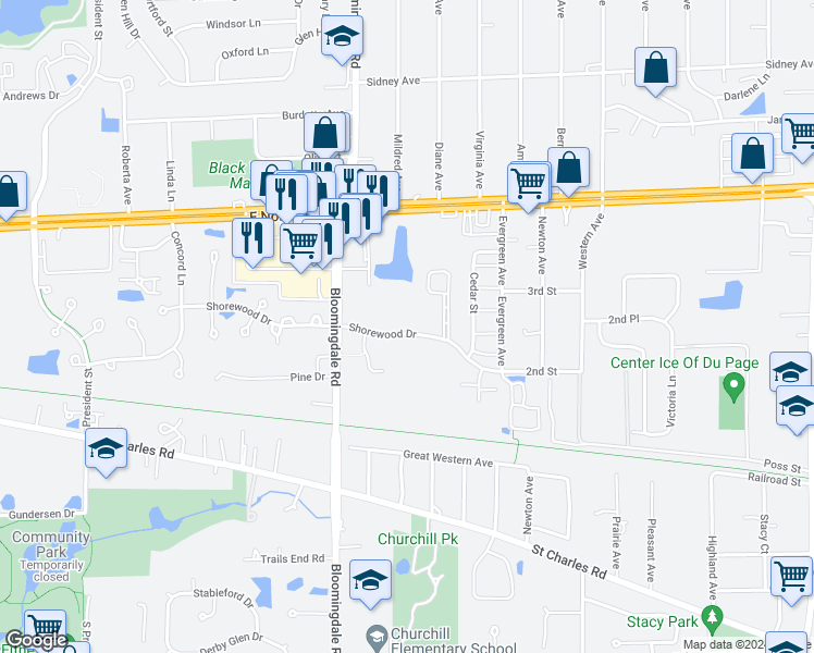map of restaurants, bars, coffee shops, grocery stores, and more near 226 Shorewood Drive in Glendale Heights