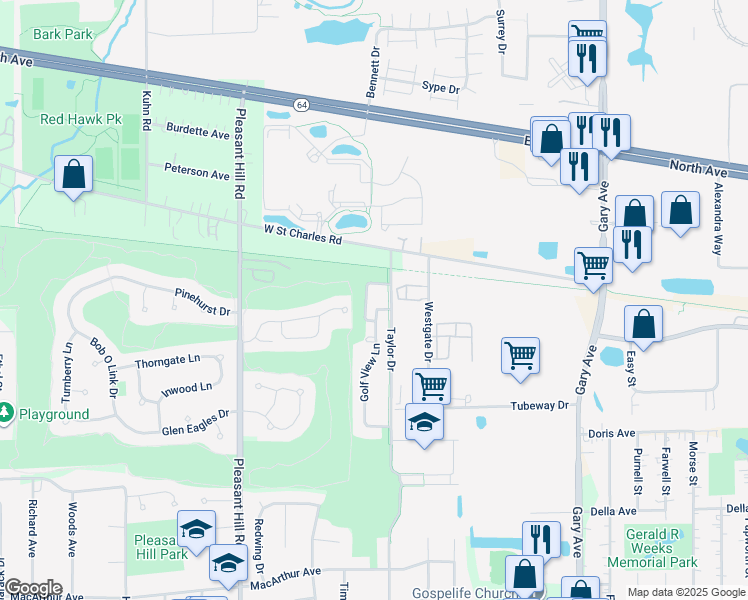 map of restaurants, bars, coffee shops, grocery stores, and more near 26W012 Klein Creek Drive in Winfield