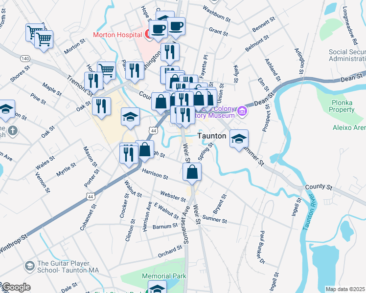 map of restaurants, bars, coffee shops, grocery stores, and more near 69 Weir Street in Taunton