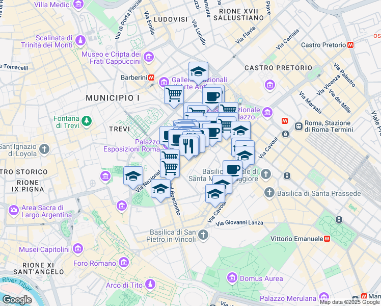 map of restaurants, bars, coffee shops, grocery stores, and more near 16 Via Genova in Roma