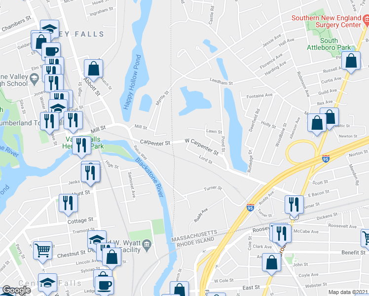 map of restaurants, bars, coffee shops, grocery stores, and more near 24 Central Street in Attleboro