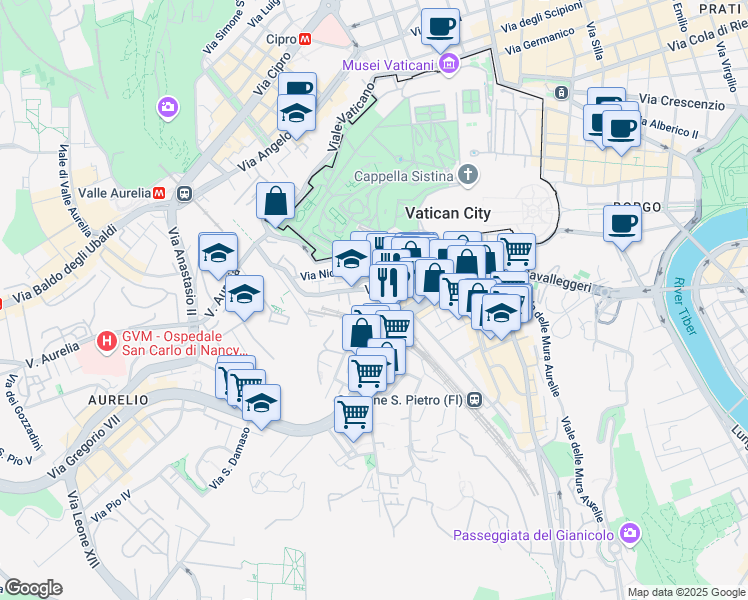 map of restaurants, bars, coffee shops, grocery stores, and more near 113 Via Aurelia in Rome