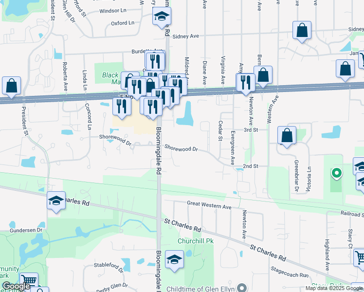 map of restaurants, bars, coffee shops, grocery stores, and more near 226 Shorewood Drive in Glendale Heights