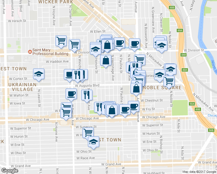 map of restaurants, bars, coffee shops, grocery stores, and more near in Chicago
