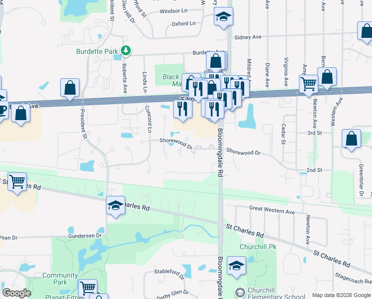 map of restaurants, bars, coffee shops, grocery stores, and more near 120 Kennebunk Court in Glendale Heights